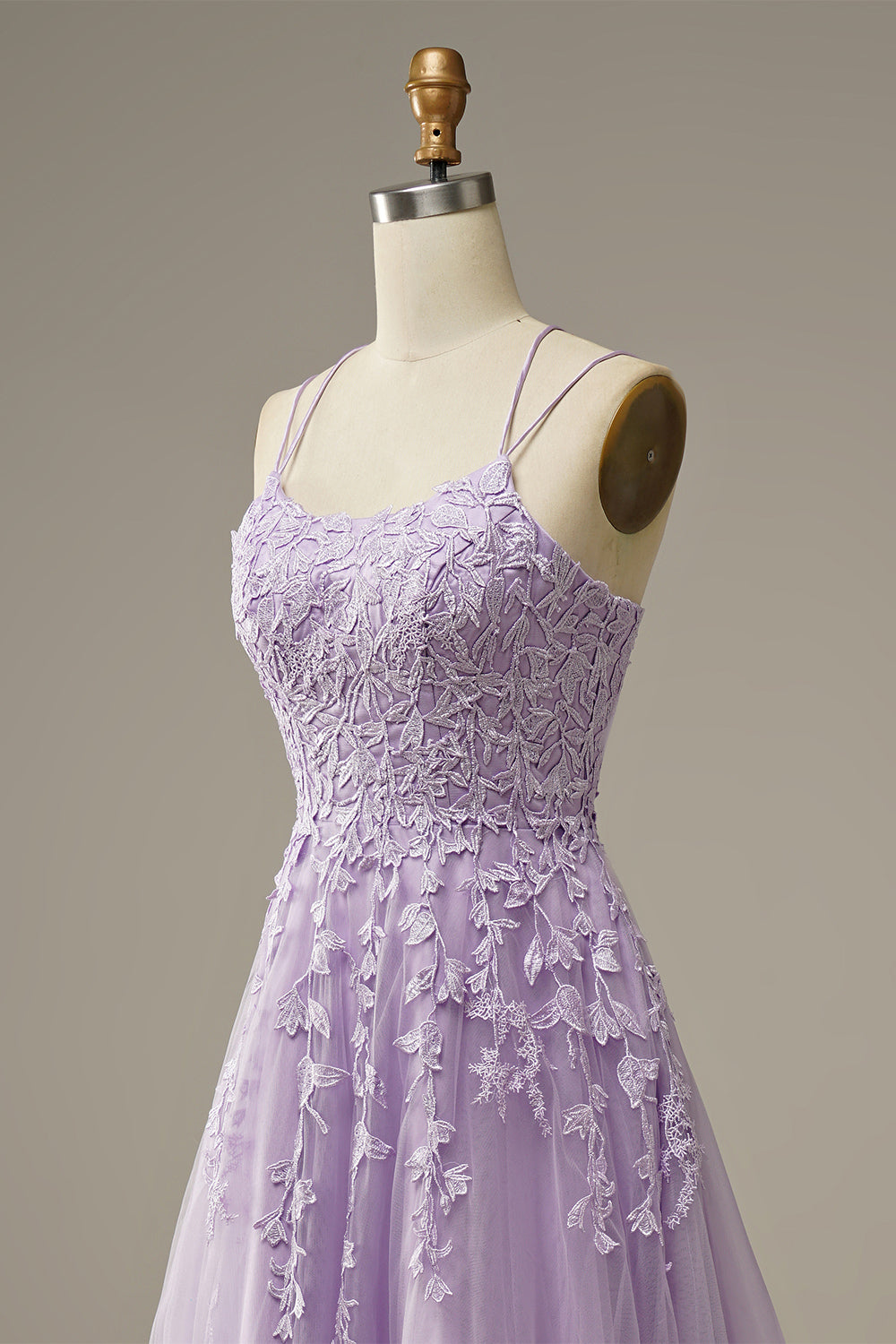 Spaghetti Straps Lilac Tulle Lace Long Prom Dress C1901