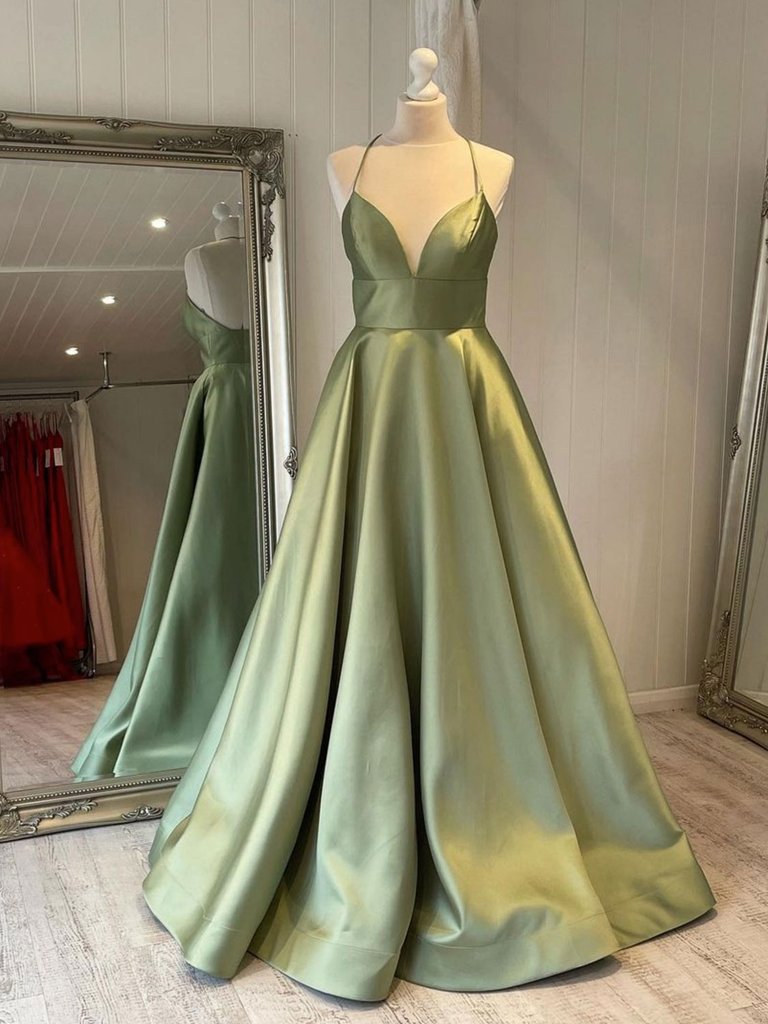 Simple Satin V-neck Prom Dresses A-line Long Evening Dresses Womens Dresses Formal Gown C2030