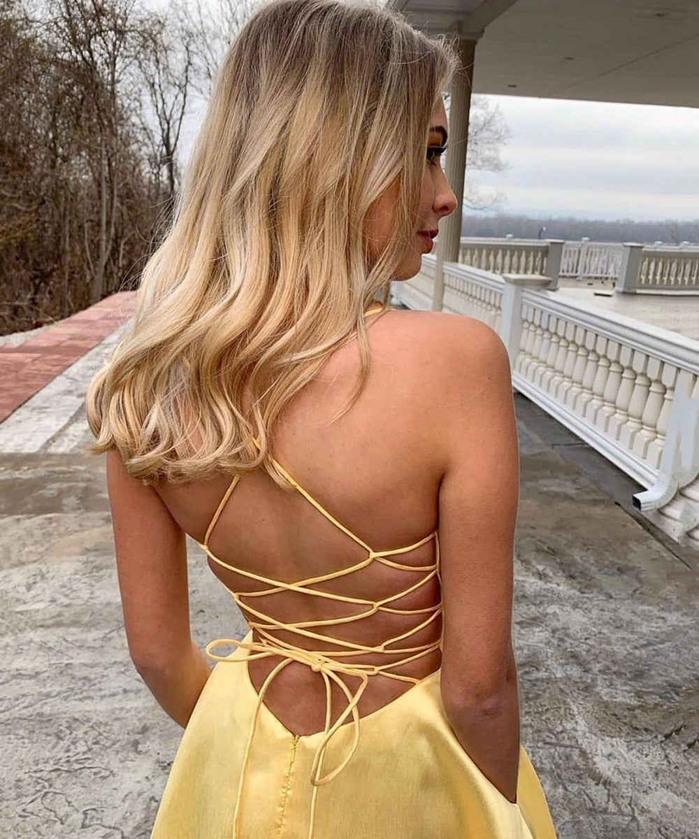 Yellow satin long prom dress yellow evening dress C2053