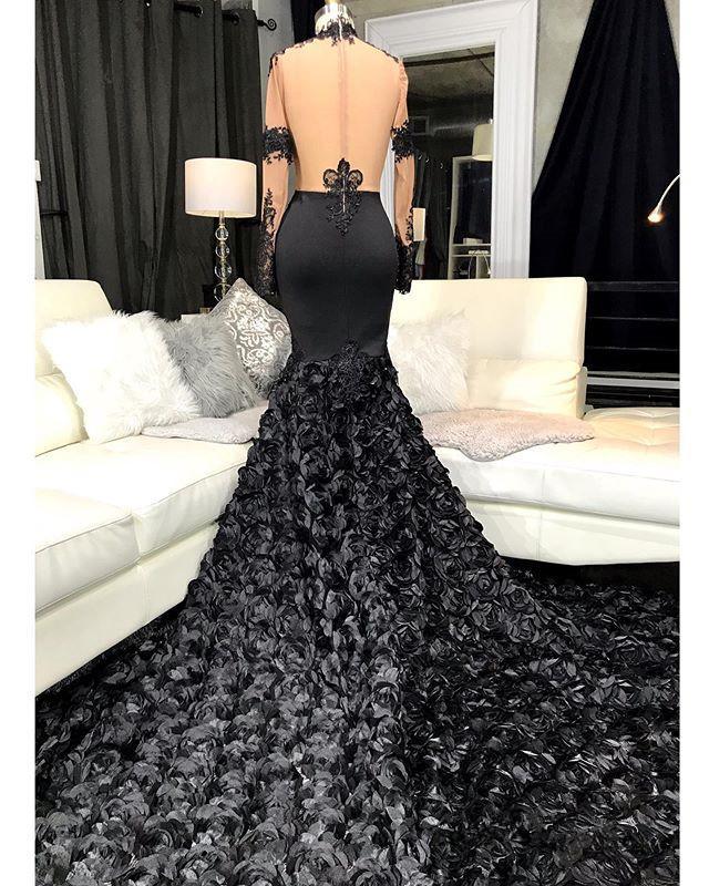 Unique Lace Appliques Flowers High-Neck Prom Dresses Sheer Tulle Fit And Flare Evening Gowns C1988