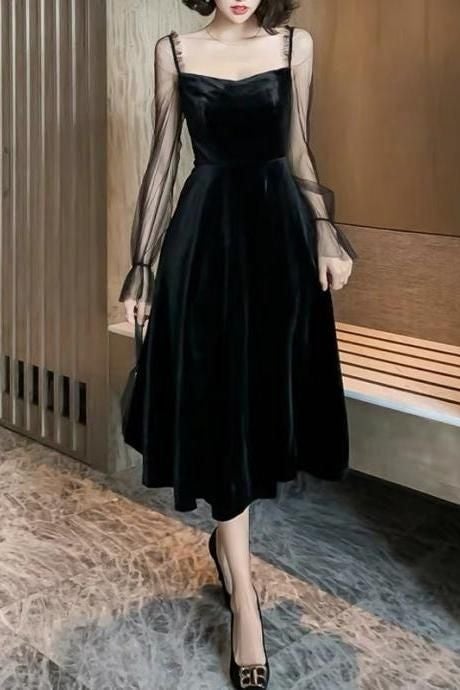 Black formal dress vintage velvet evening dress long sleeve party dress slimming prom dress simple party dress C2227