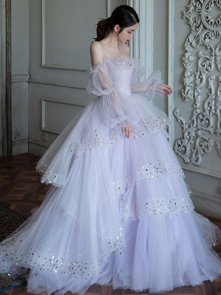 Light purple tulle long prom dress, purple tulle evening dress C2018