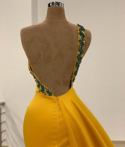 One Shoulder Yellow Slit Prom Dress Long With Beads C2079