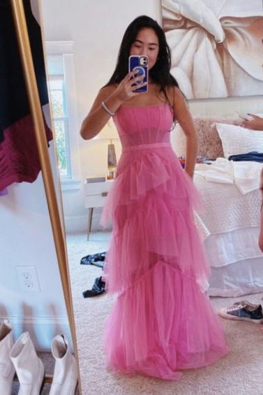 Princess Hot Pink A Line Tulle Long Prom Dress Layered Ruffles Evening Gown C2169