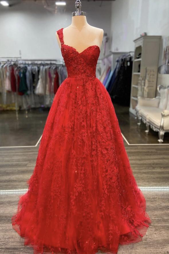 Red tulle lace long prom dress red evening dress C1863