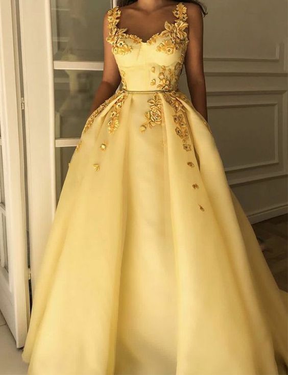 Fabulous Beautiful Straps Evening Dresses Long Yellow Prom Dresses with Appliques C2132