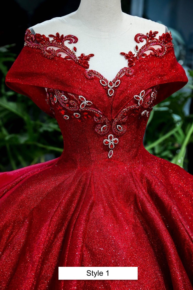 Red Queen style Red Sparkle Ball Gown Wedding Dress With Beadings & Glitter Tulle C2140