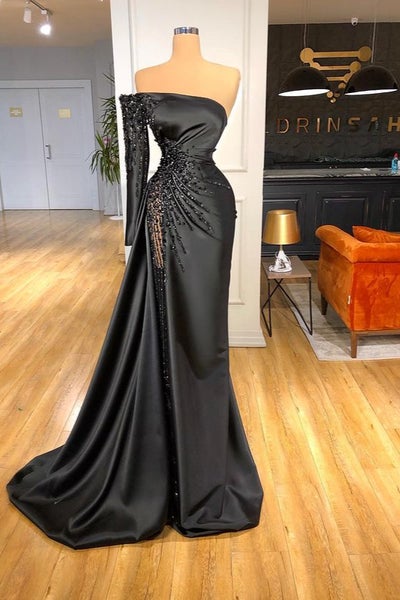 Glamorous Black Long Sleeve One Shoulder Prom Dress Beadings Evening Dress C2191