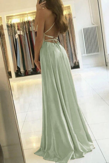 A-Line Spaghetti Straps Front Split Long Prom Dress C1909