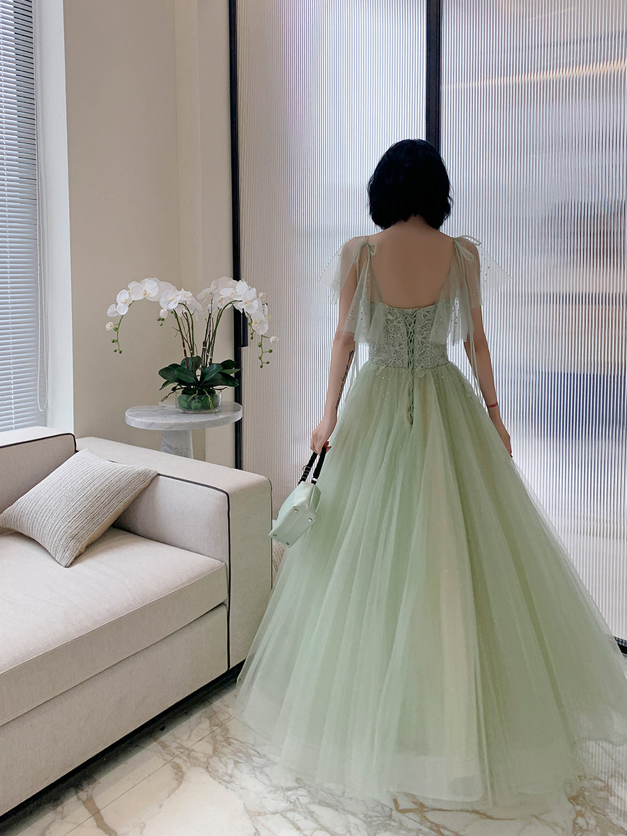 Light Green Tulle with Lace Cap Sleeves Long Evening Dress, Beautiful Green FormaL Dresses C2034