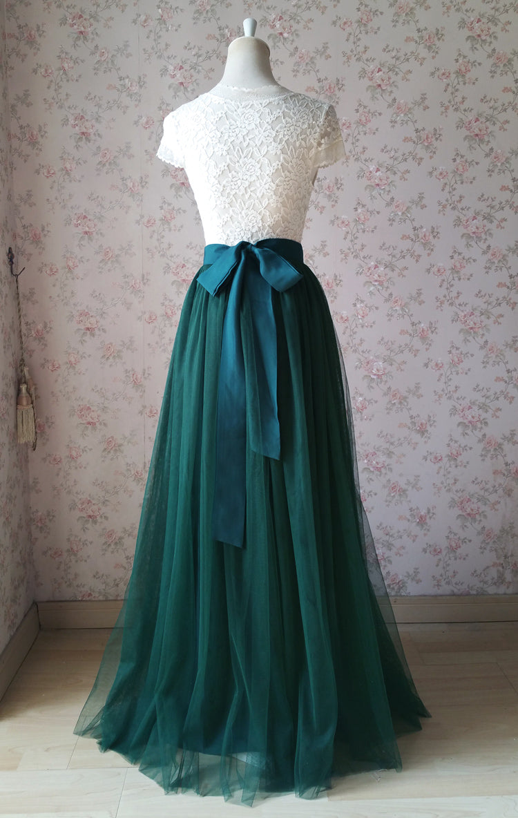 Dark Green Tulle And White Lace Top Prom Dress C2013