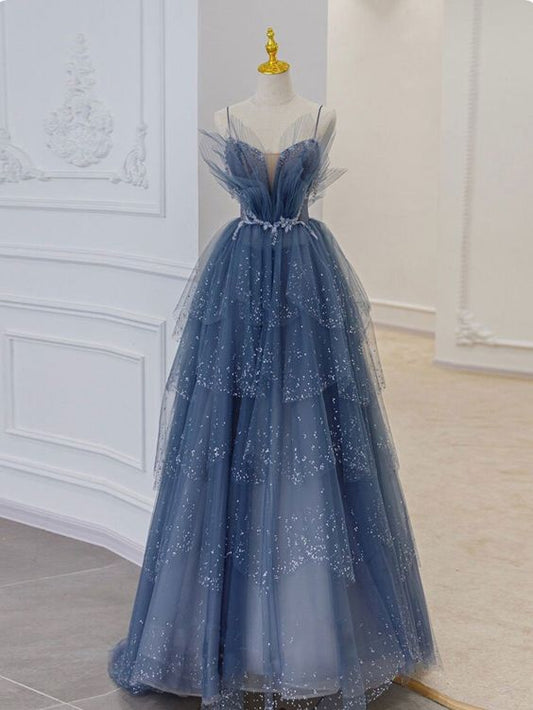 Blue sweetheart tulle sequin long prom dress, blue evening dress C33