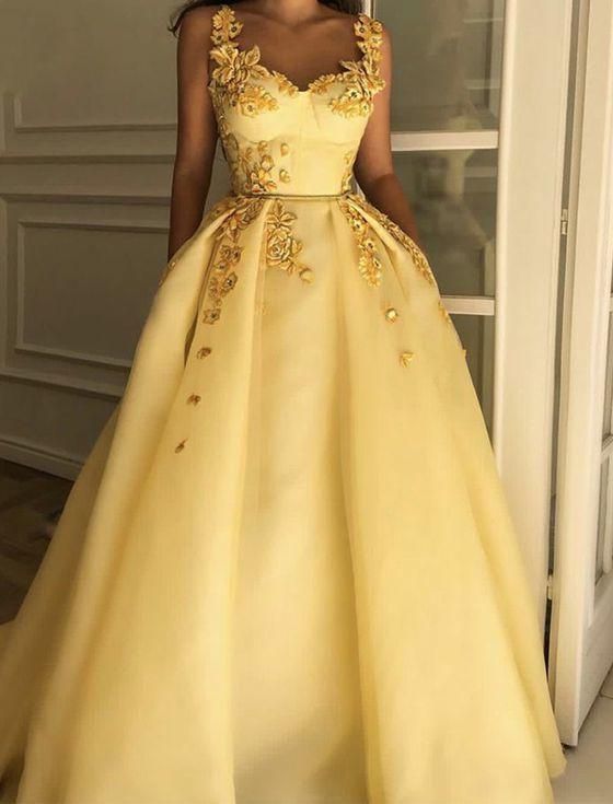 Fabulous Beautiful Straps Evening Dresses Long Yellow Prom Dresses with Appliques C2132