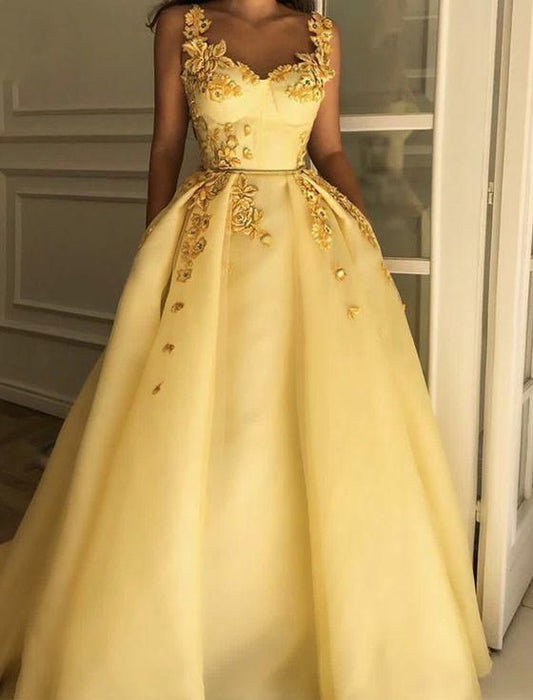 Fabulous Beautiful Straps Evening Dresses Long Yellow Prom Dresses with Appliques C2132
