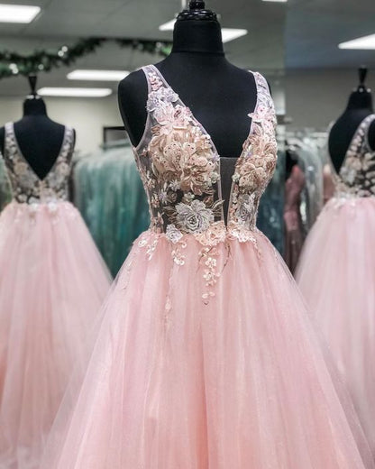 Pink Floral Embroidery V Neck Long Prom Dress  C1708
