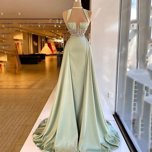 Arabic Green Mermaid Evening Dress  Elegant Sleeveless Halter Neck Soft Satin Beading Prom Dresses Long Party Gown C1995