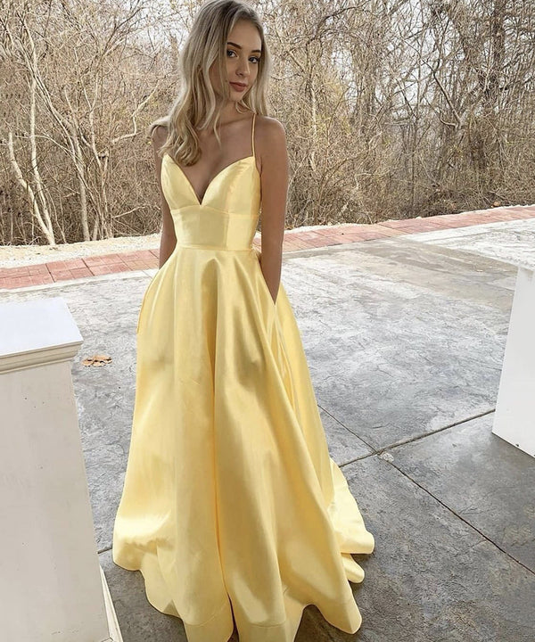 Yellow satin long prom dress yellow evening dress C2053