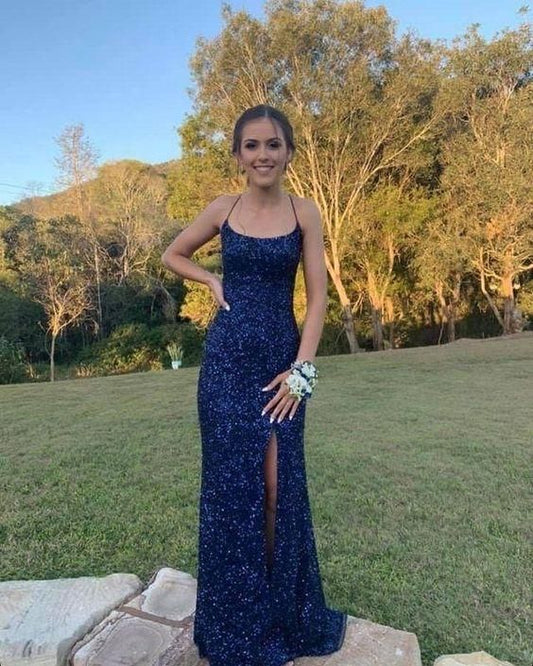Navy Blue Sequin Long Prom Dresses Mermaid Cross Back Evening Party Dresses C2261