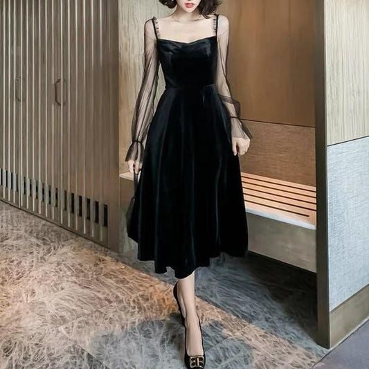 Black formal dress vintage velvet evening dress long sleeve party dress slimming prom dress simple party dress C2227