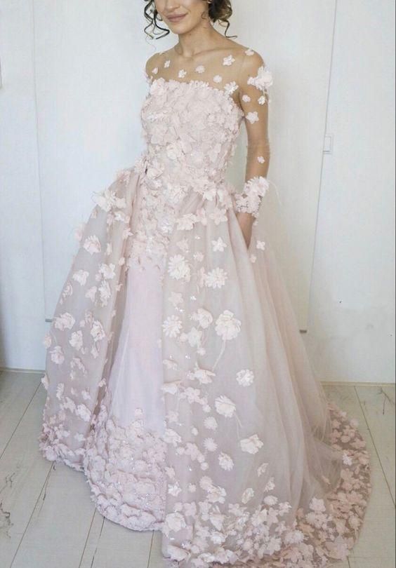 Elegant Light Pink Tulle Ball Gown Long Sleeves Wedding Dress With 3D Flowers C2346