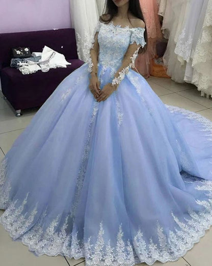 Off Shoulder Lace Appliques Long Sleeves Quinceanera Dresses , Ball Gown C1921
