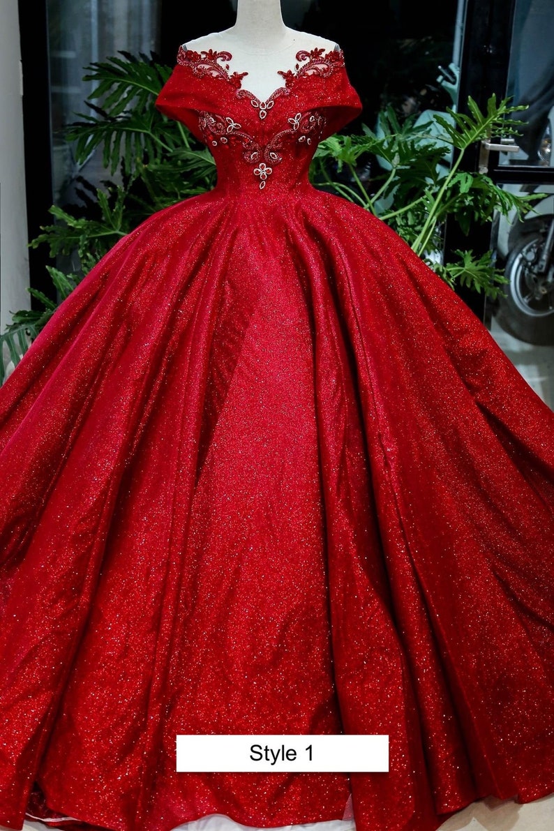 Red Queen style Red Sparkle Ball Gown Wedding Dress With Beadings & Glitter Tulle C2140