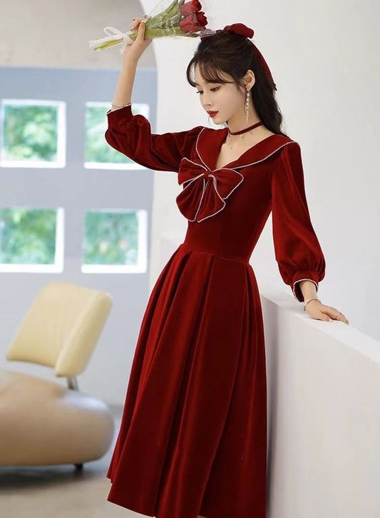 New style, autumn and winter long sleeve dress, party velvet evening dress, New Year prom dress,custom made C2051