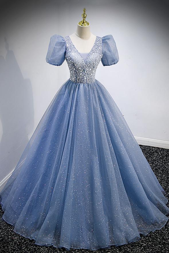 Blue v neck tulle beads long prom dress evening dress C1861