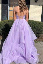 Sparkly Spaghetti Straps Lavender Tulle Long Prom Dress C2333