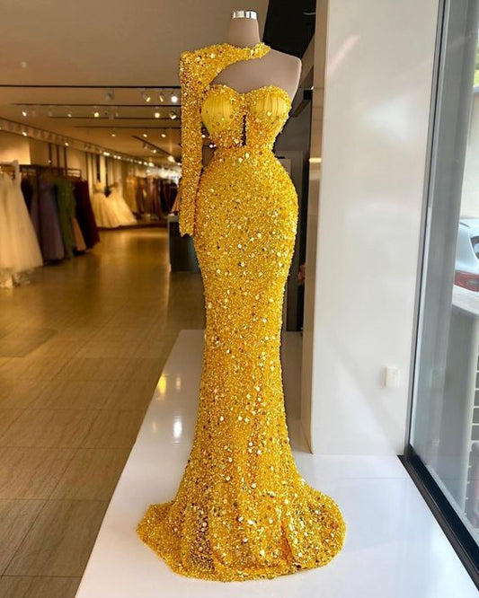 Yellow sequin mermaid long prom dress, sexy evening dress C1763