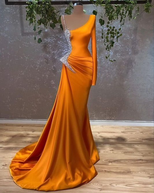 Evening Dresses mermaid long prom dresses with one sleeve  C2081