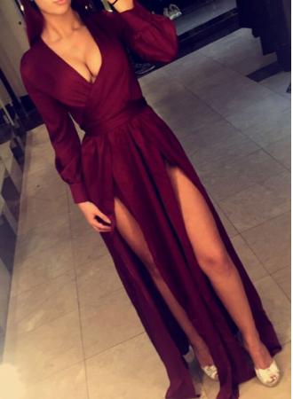 Dark Red Slit Long Sleeves Evening Dress, Pretty Formal Dress  C2093