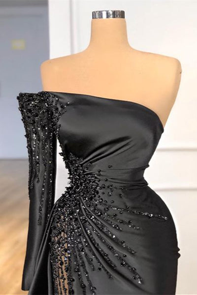 Glamorous Black Long Sleeve One Shoulder Prom Dress Beadings Evening Dress C2191