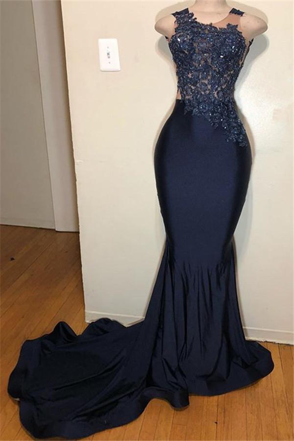 Dark Blue Straps Sleeveless Applique Mermaid Formal Prom Dresses C2006