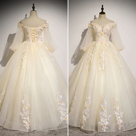 Beautiful Tulle Long Sleeves Floral Sweet 16 Gown, Party Gowns Prom Dress C1837