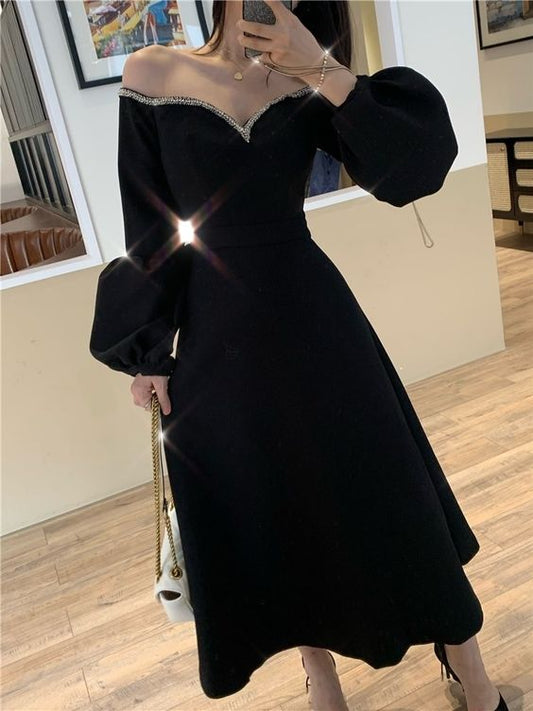 Vintage Black Ankle Length Prom Dress A-line Party Dress  C2108