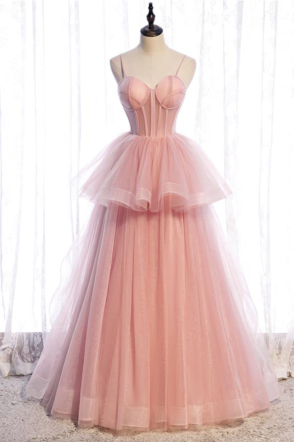 Pink tulle long prom dress A line evening gown  C1866