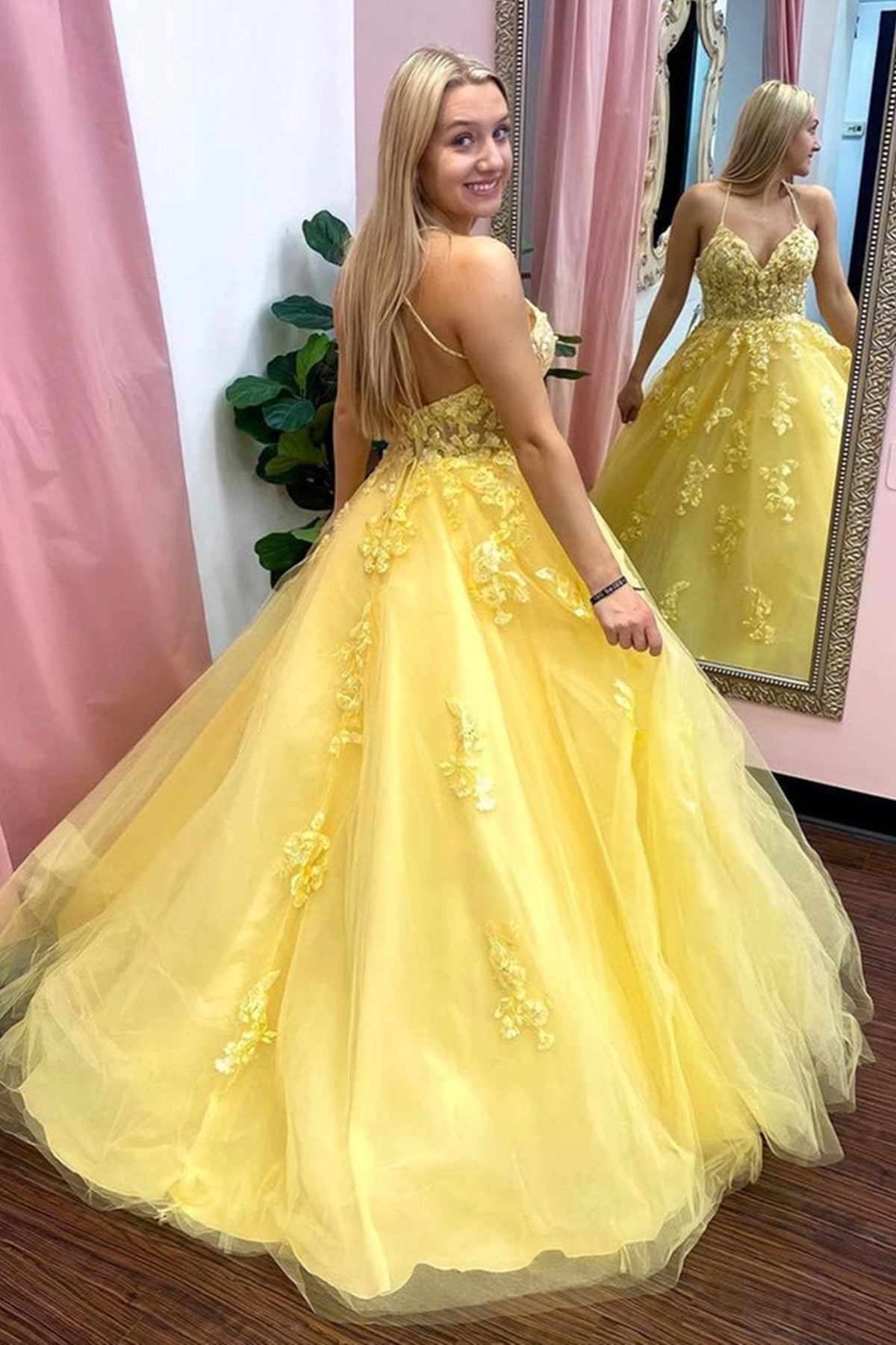 V Neck Open Back Yellow Tulle Lace Long Prom Dresses, Yellow Lace Formal Dresses, Yellow Evening Dresses C2202