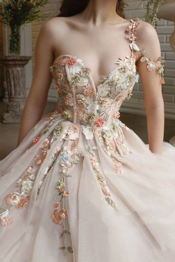 Charming One Shoulder Floral Champagne Long Prom Dresses, 3D Flowers Champagne Formal Evening Dresses C1963