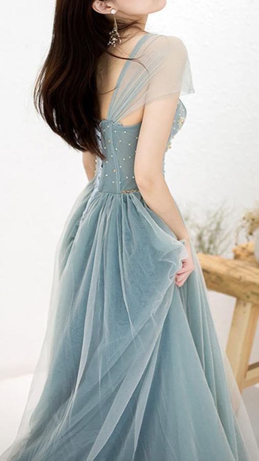 Dusty Blue Tulle Beaded Off-the-Shoulder Long Prom Dresses, Formal Dress C2425