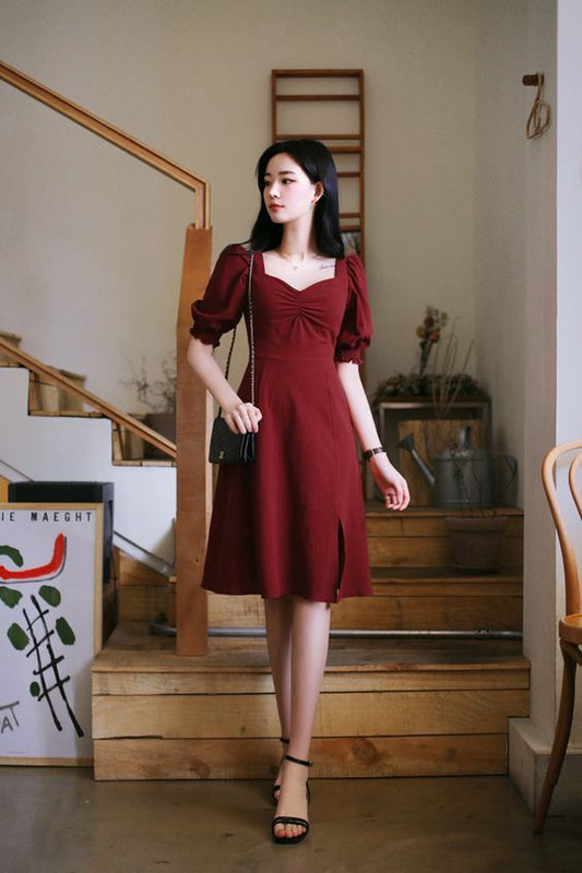 Burgundy Vintage Short Paty Dress, Homecoming Dress  C2058