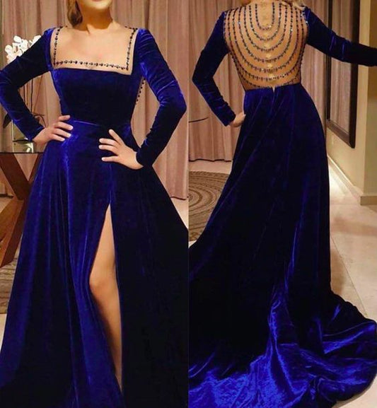 Royal blue prom dresses square neckline beading crystal rhinestone velvet side slit evening dresses C1931