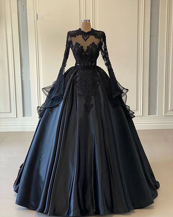 Ball Gown Black Long Sleeves Lace Prom Dresses,Beading Formal Evening Dresses C1974