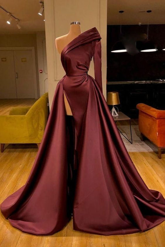 One Shoulder Pleated Evening Dresses with High Leg Slit C1667