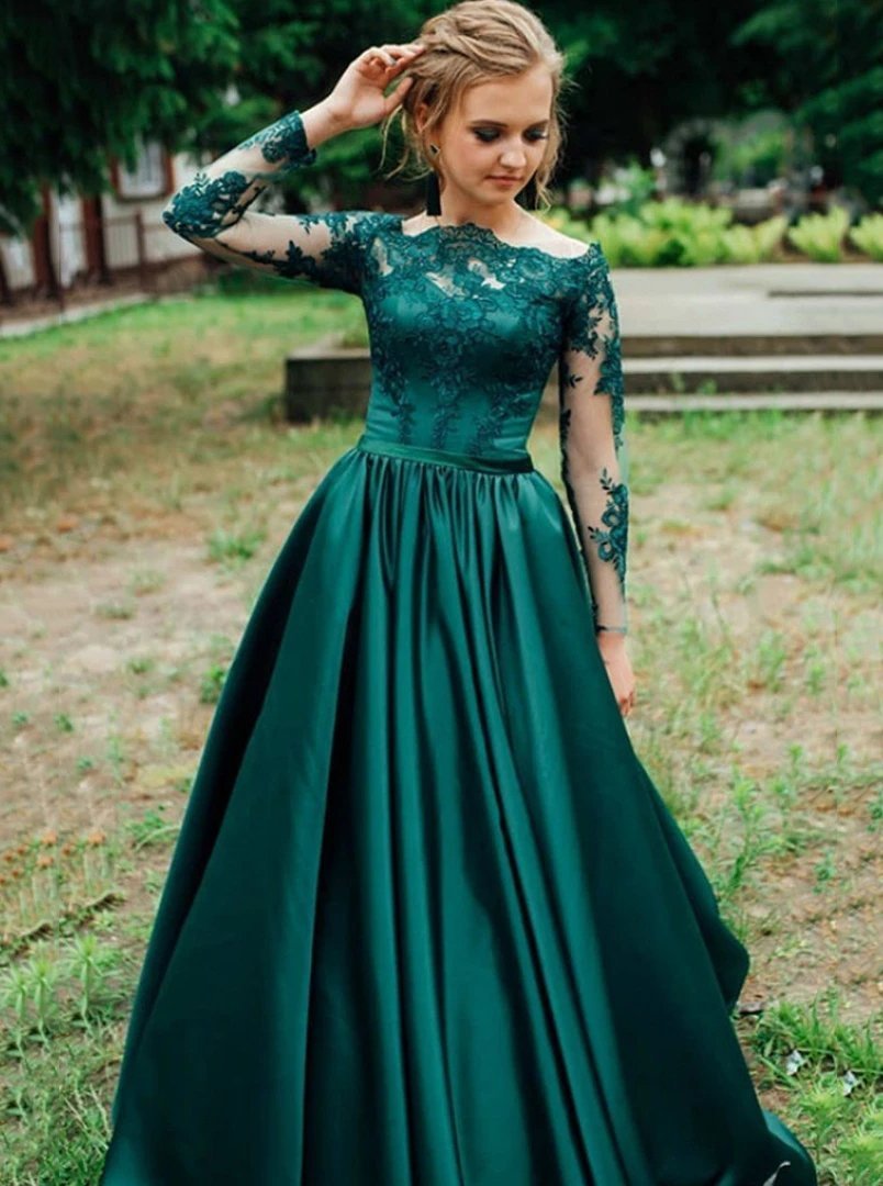 Off-shoulder Lace Long Sleeves Satin Hunter Prom Evening Dresses C1643
