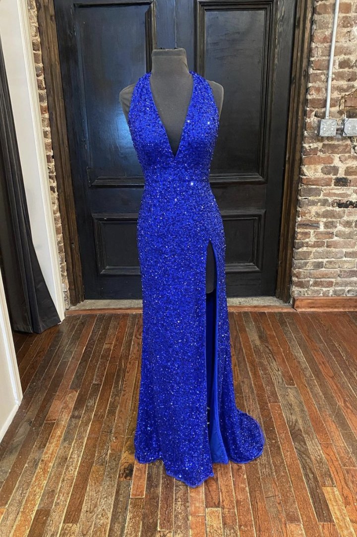 Blue sequins long prom dress mermaid evening dress C1277