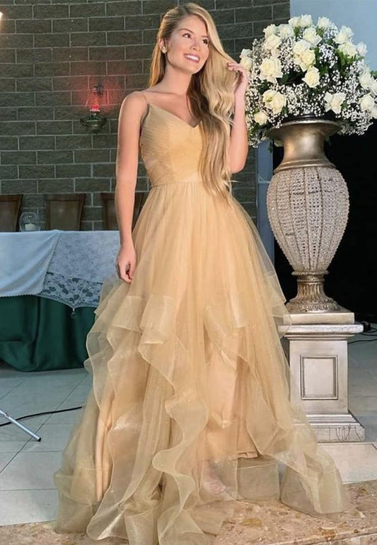 Gold v neck tulle long prom dress evening dress  C1729