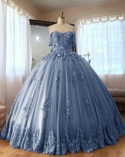 Dusty Blue Lace Quinceanera Dresses Ball Gowns Sweet 16 Dress C1917