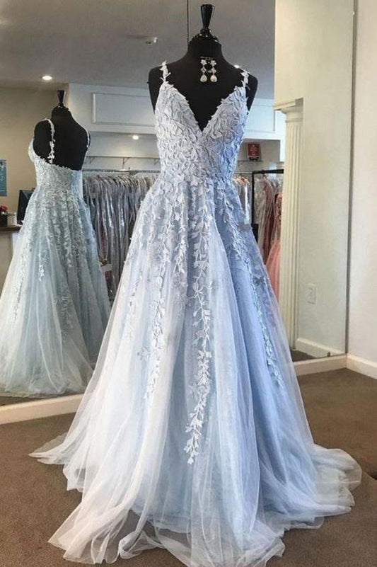 Fairy Light Blue Lace Appliques Tulle A-line Long Prom Dress C1744