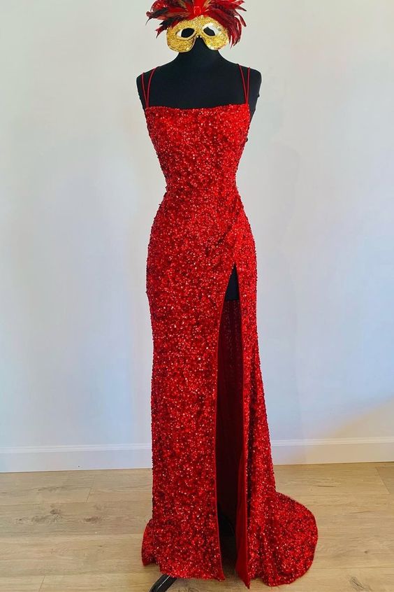 Mermaid Red Sequin Long Prom Dress with Slit C2294